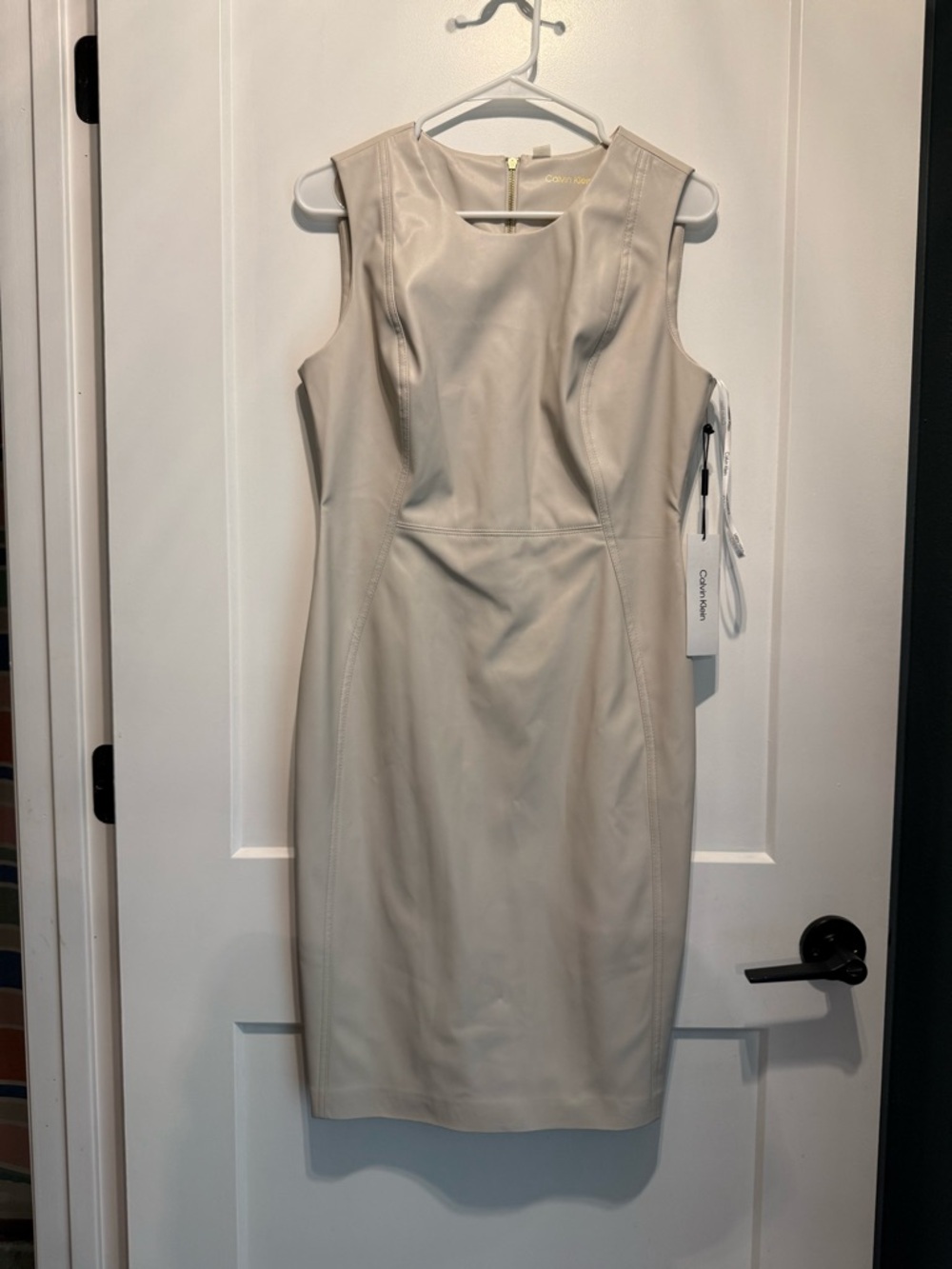 Calvin Klein Sleeveless Faux Leather Sheath Dress in Beige